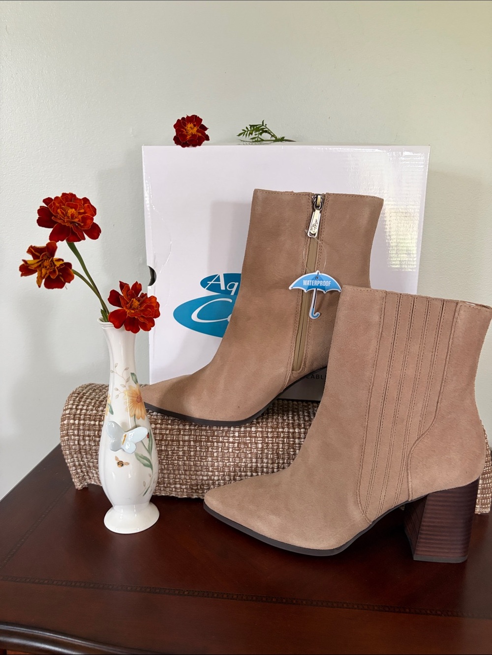 Aqua College Iconic Waterproof Suede Pointed Toe Taupe Dress Bootie 10M